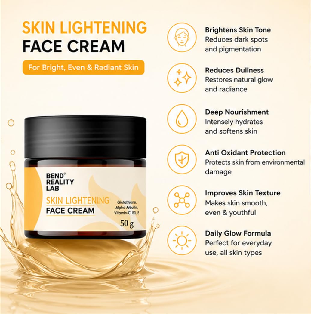 Bend Reality Lab Skin Lightening Face Cream with Glutathione, Alpha Arbutin, Vitamin-C, B3, E, 50g