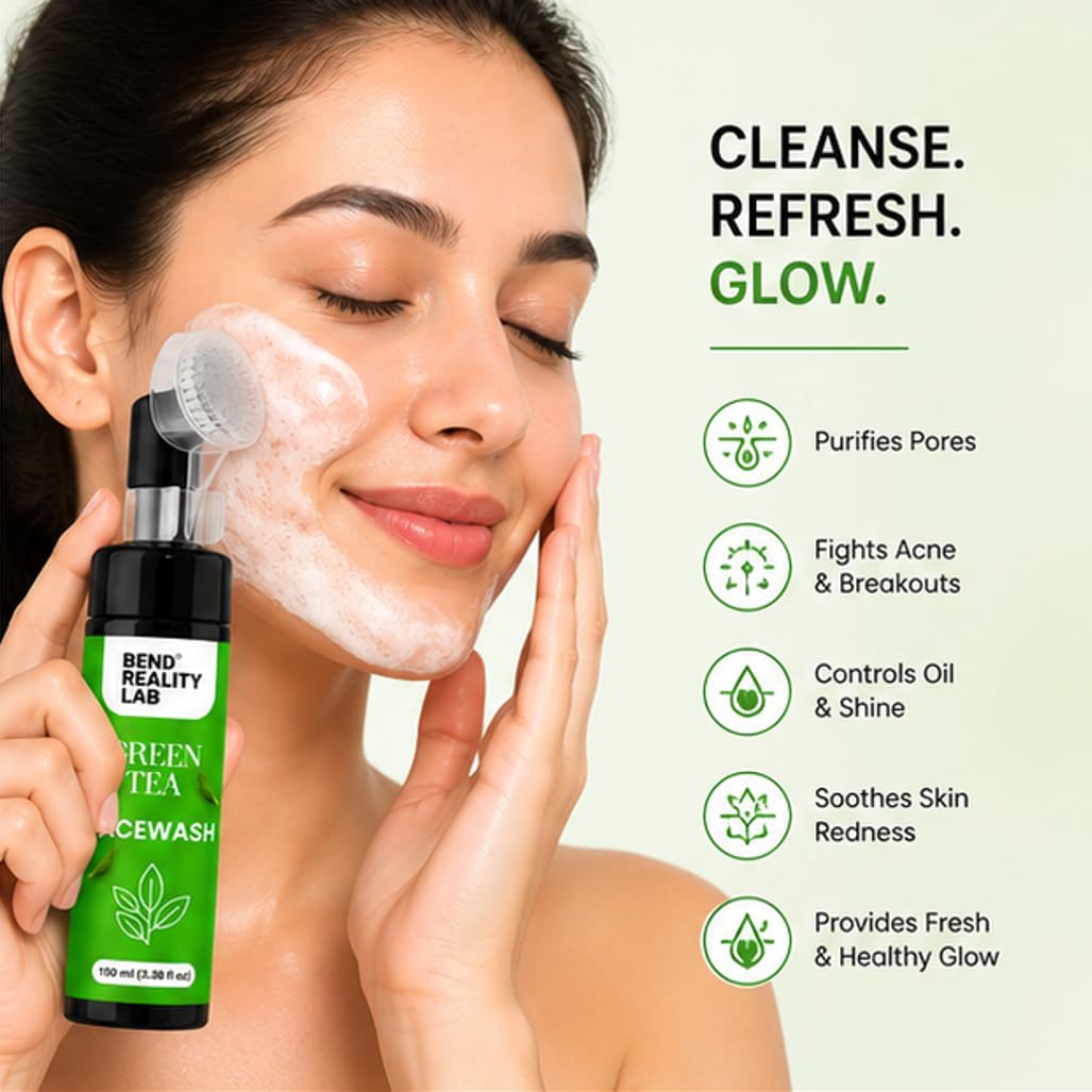 Bend Reality Lab Green Tea Facewash with Built-In Cleansing Brush, 150 ml