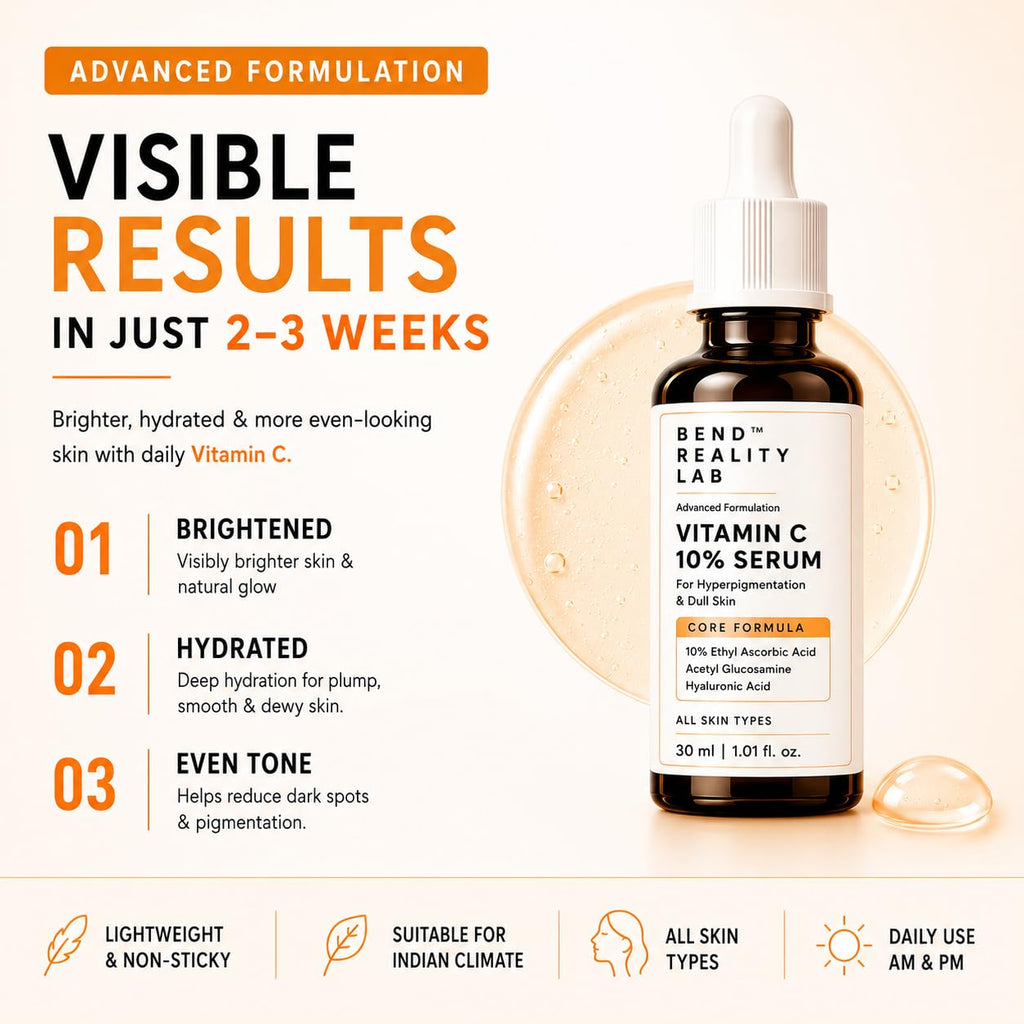 Bend Reality Lab Vitamin C 10% Serum – Ethyl Ascorbic Acid + Hyaluronic Acid + Acetyl Glucosamine – Brightening Serum for Hyperpigmentation, Dark Spots & Dull Skin – All Skin Types – 30ml