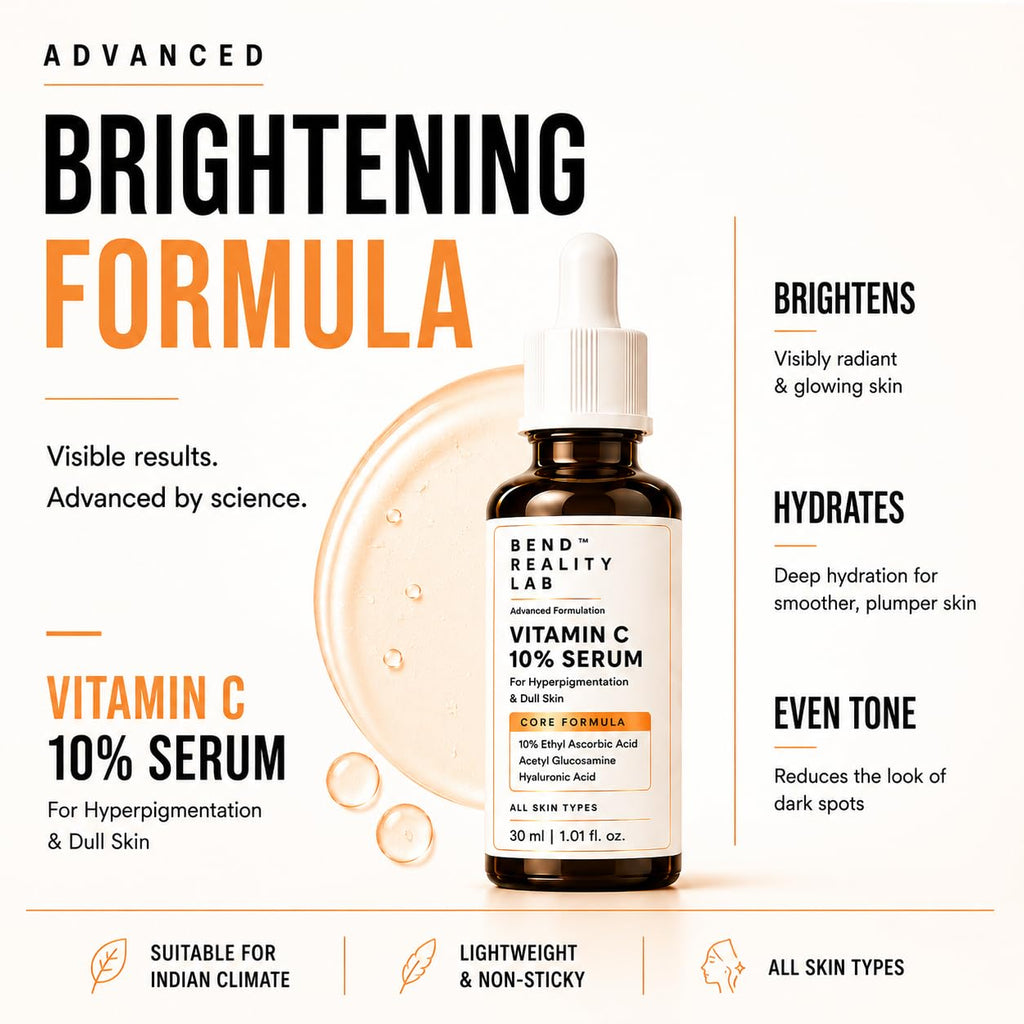 Bend Reality Lab Vitamin C 10% Serum – Ethyl Ascorbic Acid + Hyaluronic Acid + Acetyl Glucosamine – Brightening Serum for Hyperpigmentation, Dark Spots & Dull Skin – All Skin Types – 30ml
