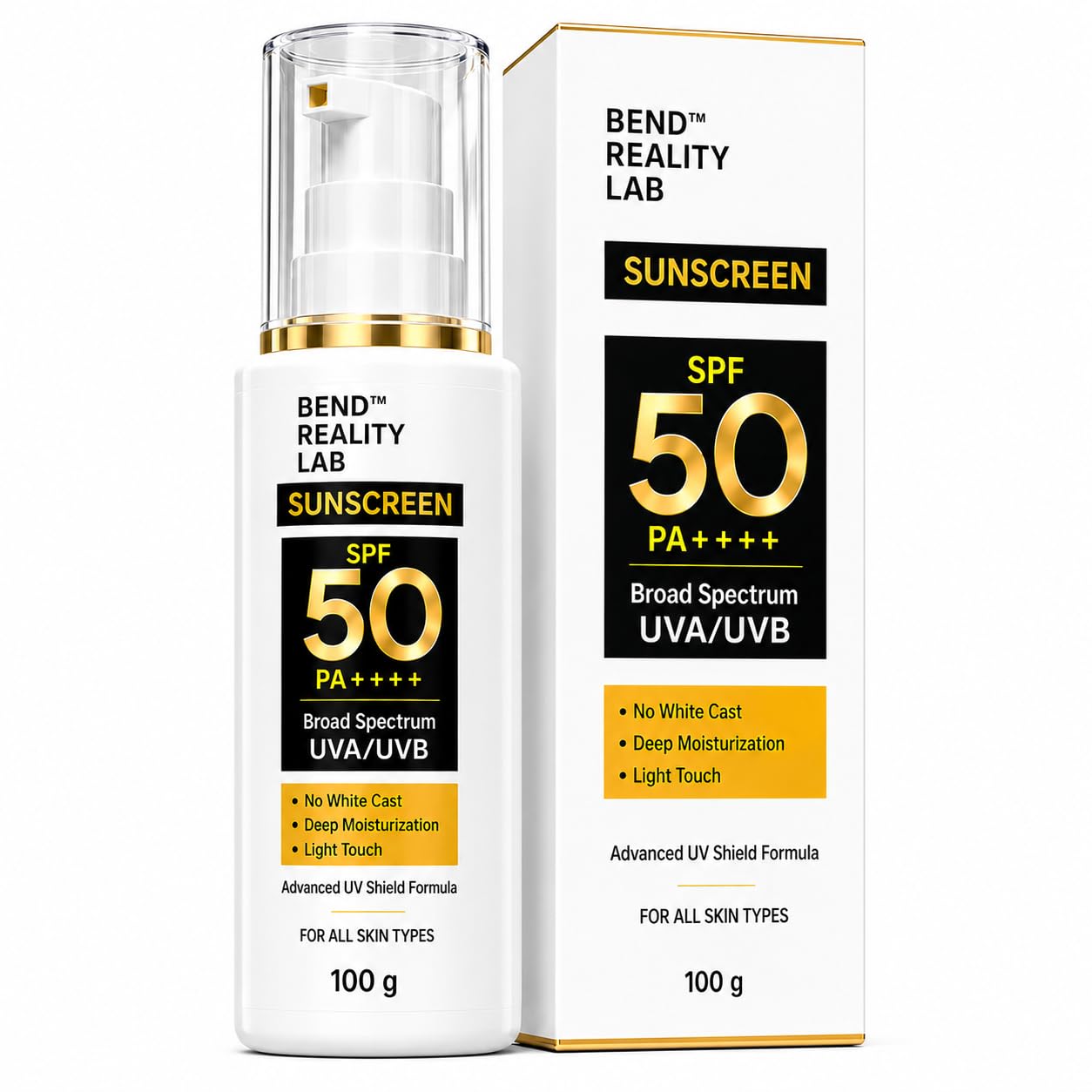 Bend Reality Lab Sunscreen SPF 50 PA++++ | Broad Spectrum UVA & UVB Protection | Lab Tested | No White Cast | Non-Greasy | For Men & Women | 50g
