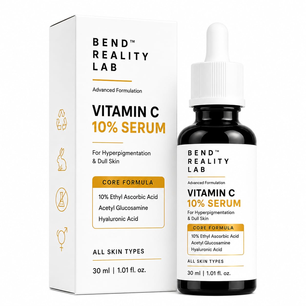 Bend Reality Lab Vitamin C 10% Serum – Ethyl Ascorbic Acid + Hyaluronic Acid + Acetyl Glucosamine – Brightening Serum for Hyperpigmentation, Dark Spots & Dull Skin – All Skin Types – 30ml