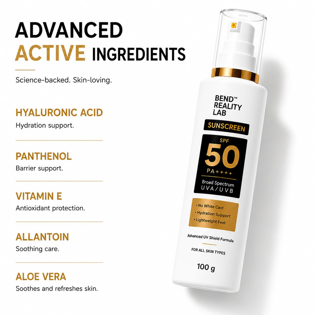 Bend Reality Lab Sunscreen SPF 50 PA++++ | Broad Spectrum UVA & UVB Protection | Lab Tested | No White Cast | Non-Greasy | For Men & Women | 50g