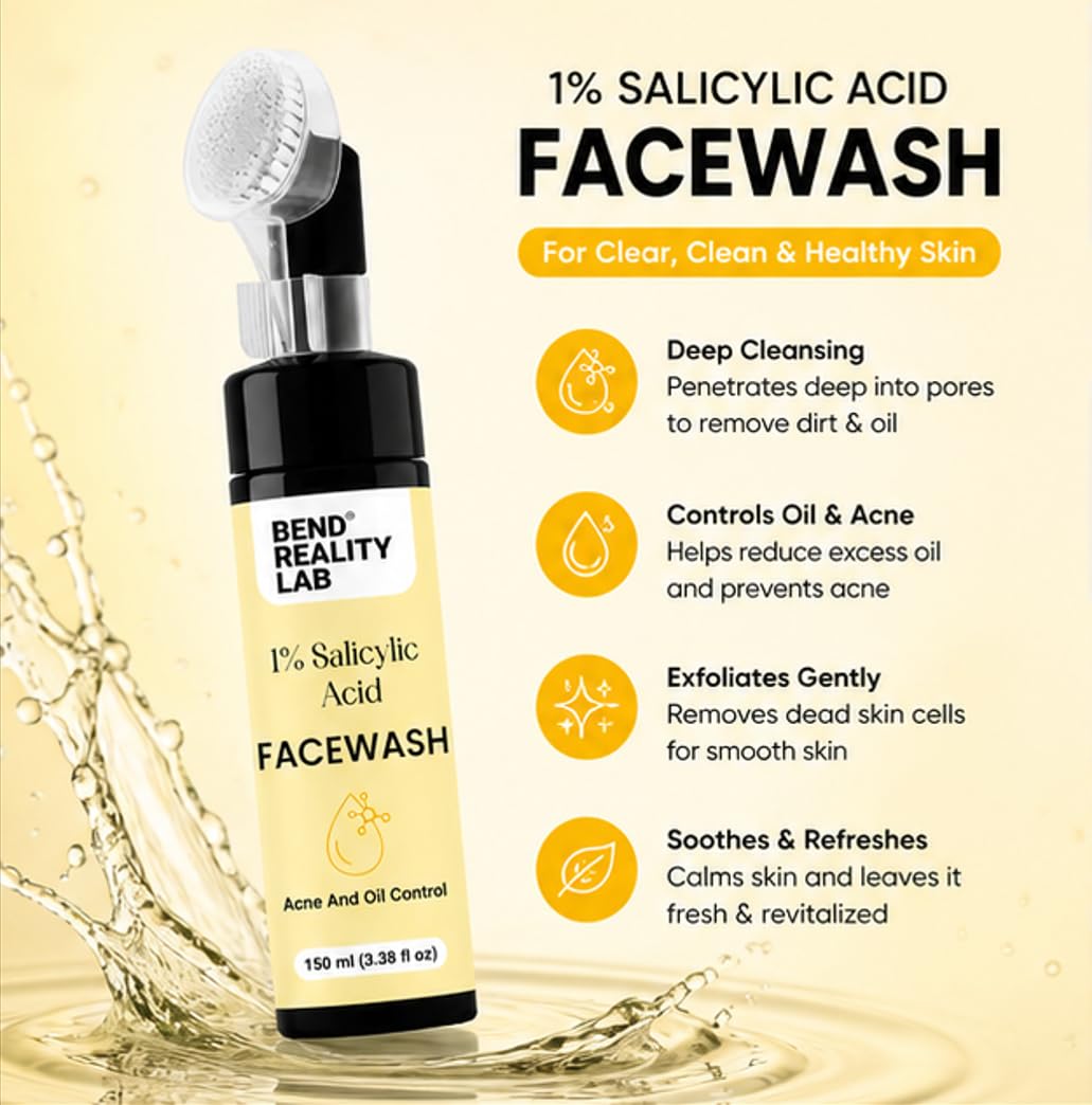Bend Reality Lab 1% Salicylic Acid Facewash with Brush, Acne and Oil Control, 150 ml