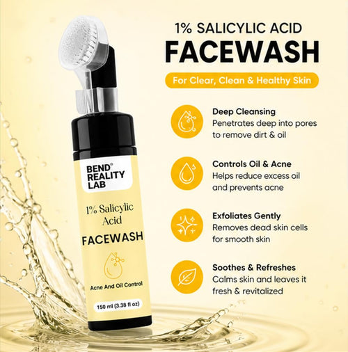 Bend Reality Lab 1% Salicylic Acid Facewash with Brush, Acne and Oil Control, 150 ml
