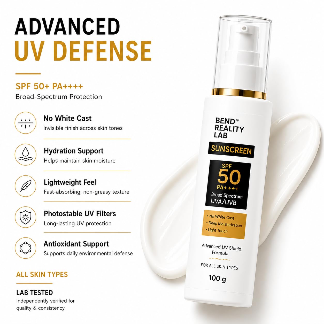 Bend Reality Lab Sunscreen SPF 50 PA++++ | Broad Spectrum UVA & UVB Protection | Lab Tested | No White Cast | Non-Greasy | For Men & Women | 50g