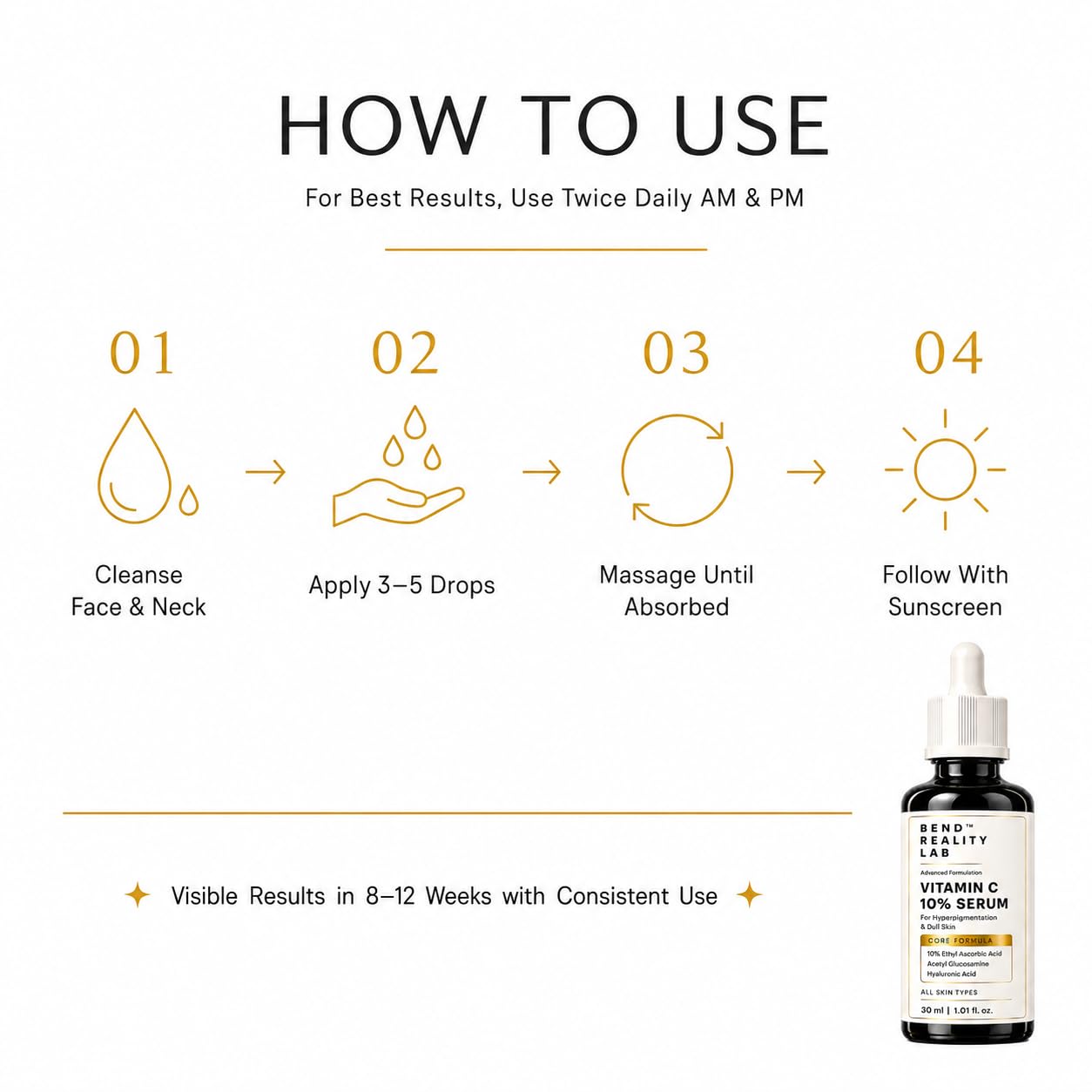 Bend Reality Lab Vitamin C 10% Serum – Ethyl Ascorbic Acid + Hyaluronic Acid + Acetyl Glucosamine – Brightening Serum for Hyperpigmentation, Dark Spots & Dull Skin – All Skin Types – 30ml