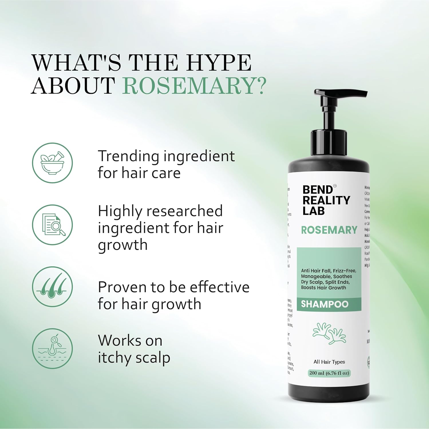 Bend Reality Lab Rosemary Shampoo, All Hair Types, Deep Cleanse, Dandruff Protection, 200 ml