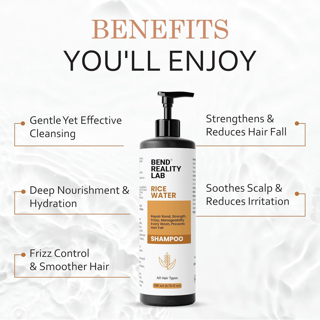 Bend Reality Lab Rice Water Shampoo, All Hair Types, Deep Cleanse, Dandruff Protection, 200 ml