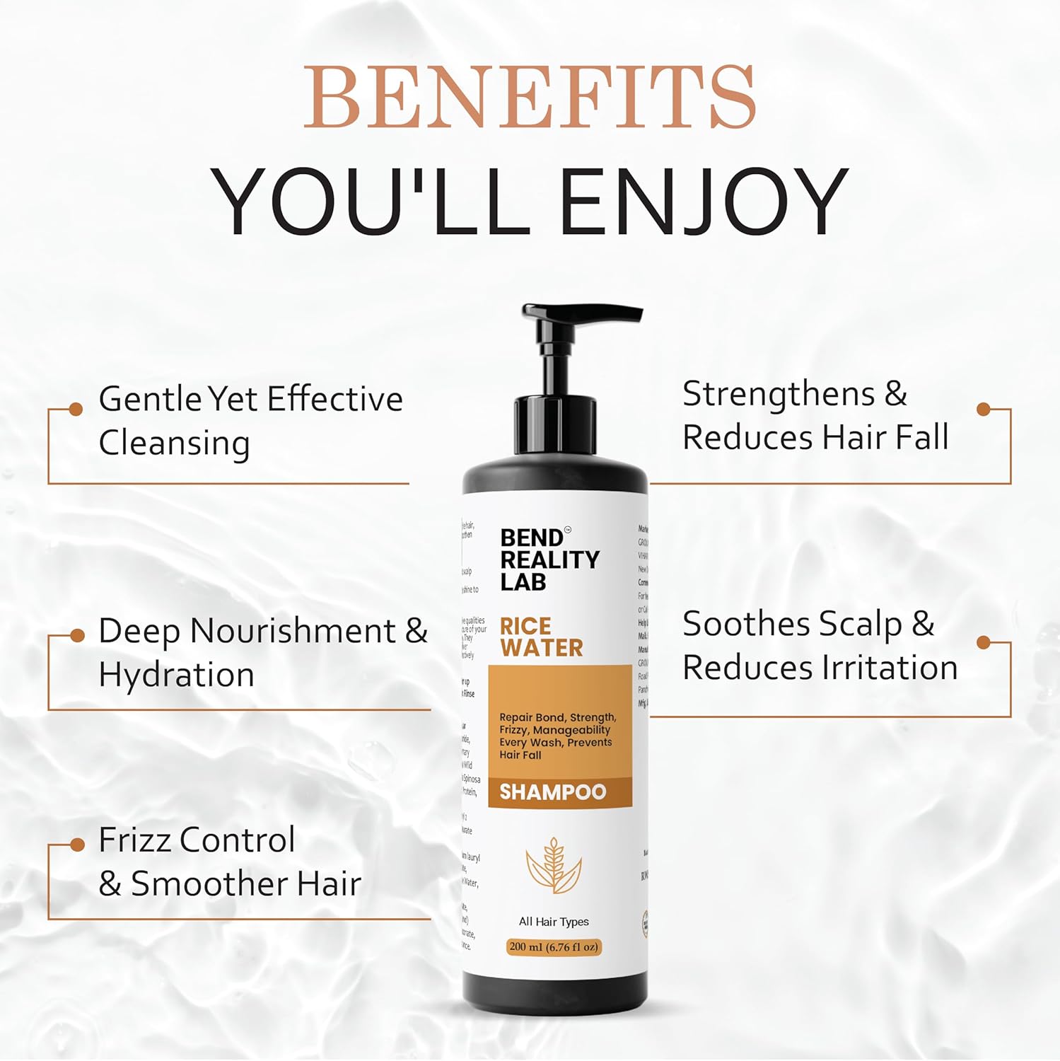 Bend Reality Lab Rice Water Shampoo, All Hair Types, Deep Cleanse, Dandruff Protection, 200 ml