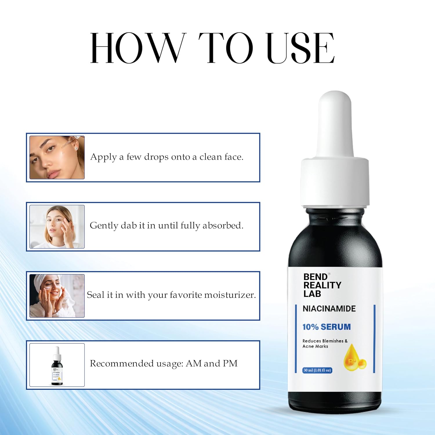 Bend Reality Lab Niacinamide 10% Serum for Dark Spots, Blemishes & Acne Marks, Minimises Pores, Brightening, 30ml
