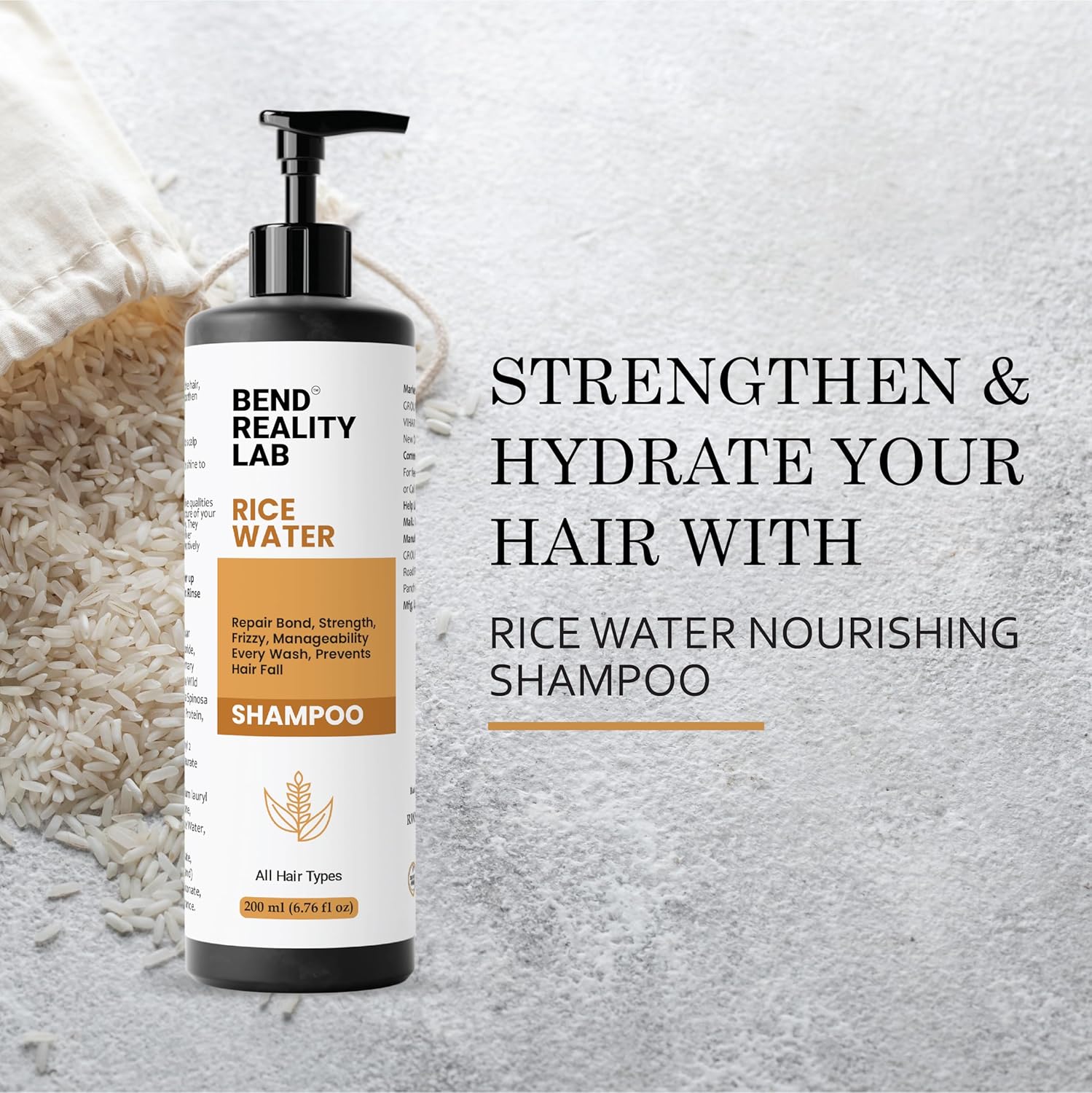 Bend Reality Lab Rice Water Shampoo, All Hair Types, Deep Cleanse, Dandruff Protection, 200 ml