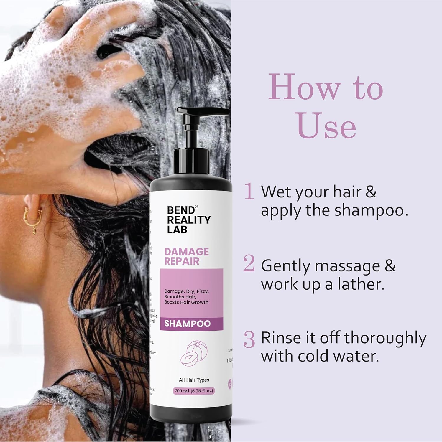 Bend Reality Lab Shampoo, All Hair Types, Deep Cleanse, Dandruff Protection, 200 ml (Damage repair shampoo)