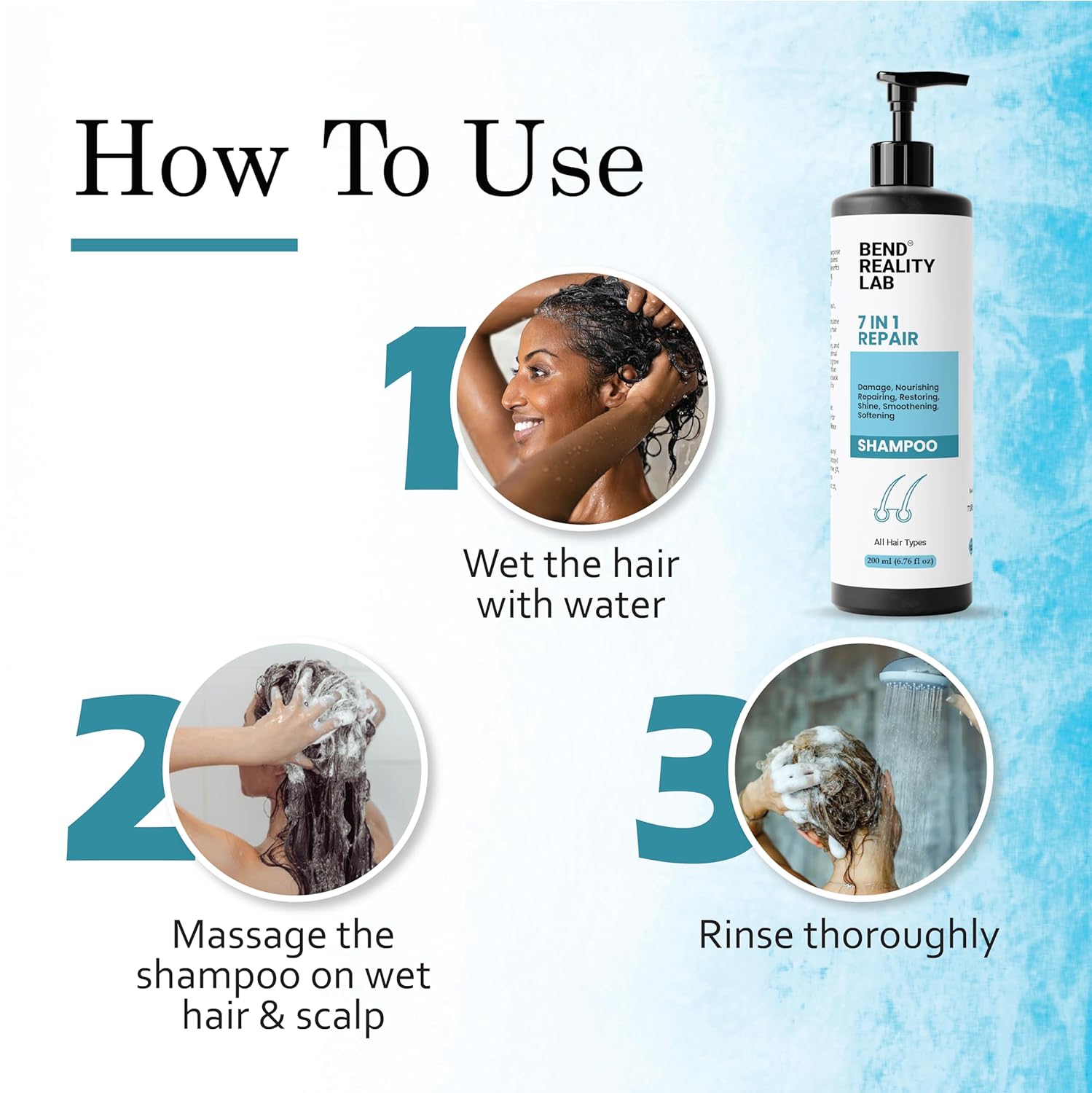 Bend Reality Lab Shampoo, All Hair Types, Deep Cleanse, Dandruff Protection, 200 ml (7 in 1 Repair Shampoo)