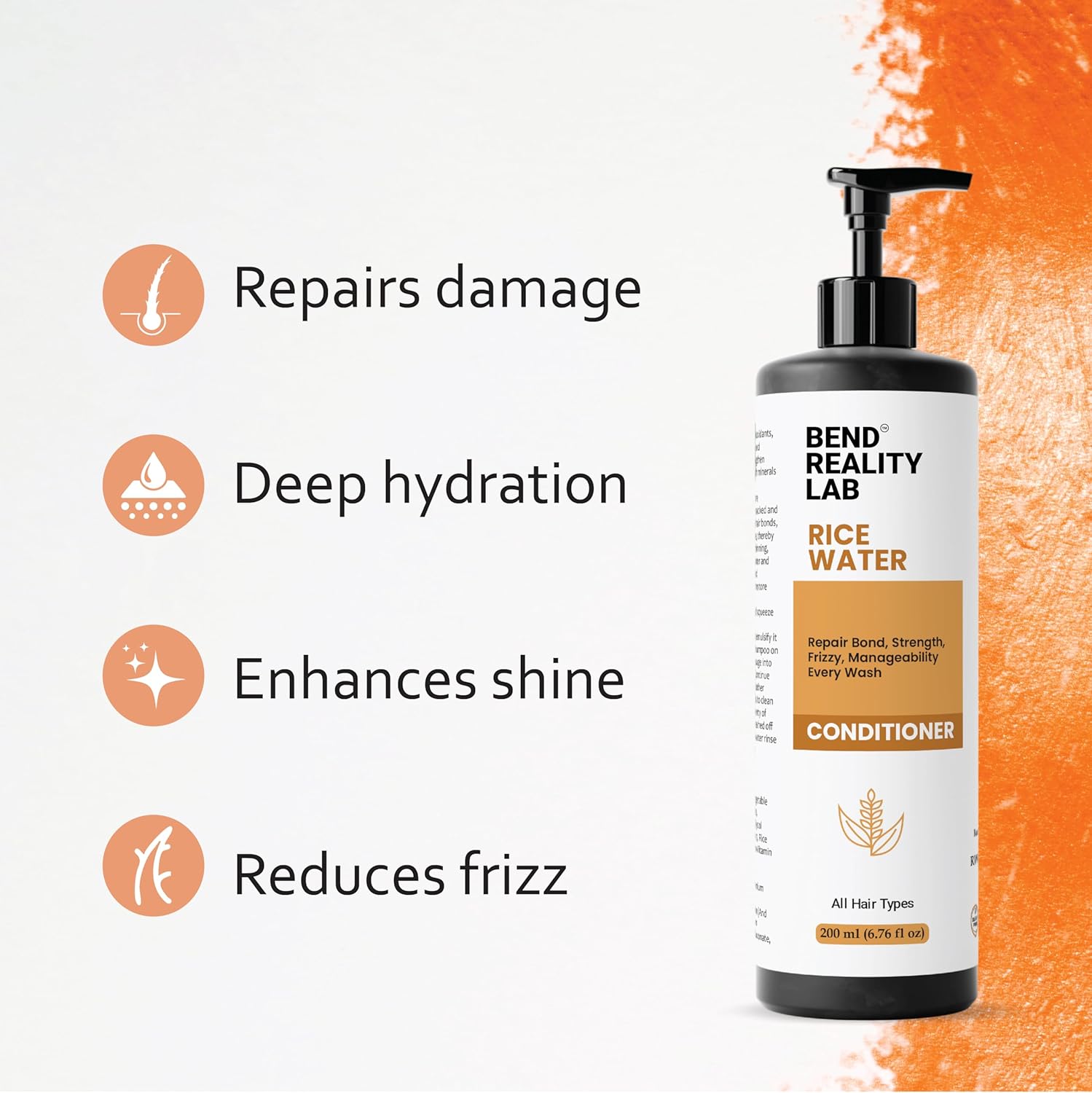 Bend Reality Lab Rice Water Conditioner, Repairs Damage, Deep Hydration, Reduces Frizz, All Hair Types, 200 ml