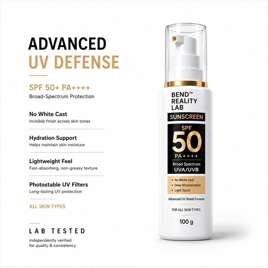 Bend Reality Lab Sunscreen SPF 50+PA++++ | Broad Spectrum UVA & UVB Protection | Lab Tested | No White Cast | Non-Greasy | For Men & Women